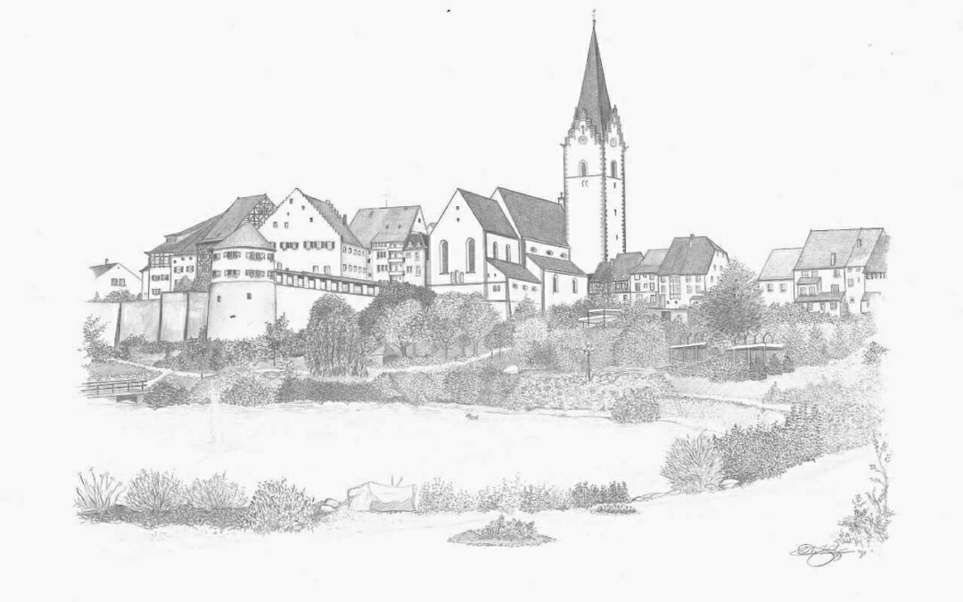 potloodtekening-1991-Engen-im-Hegau-stadsgezicht