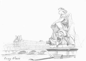 potloodtekening 2000 Parijs Muse dOrsay beeld op het dak